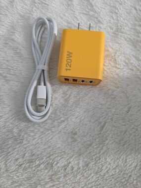 120W Yellow USB-C Fast Wall Charger with White Braided Cable